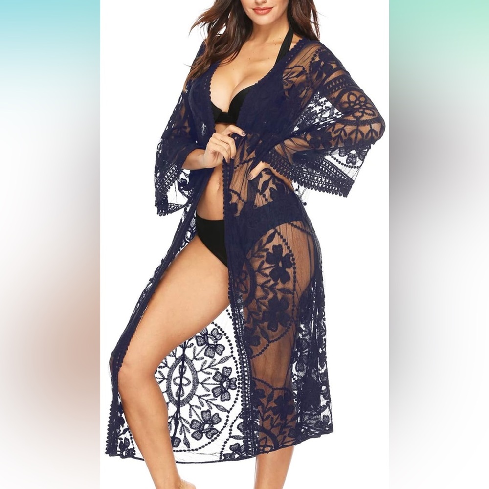 Kistore Women's Lace Floral Crochet Sheer Beach Cover Ups Long Open Kimono